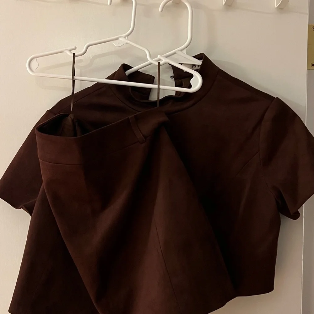 JW PEI | Grace Faux Suede Crop Top and Mini Skirt Set - Chocolate Brown - Picture 3 of 7